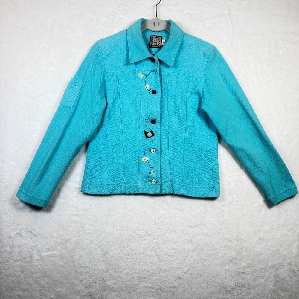 BETS by Canvasbacks Jacket XS Blue Textured Button Front Embroidered Artsy